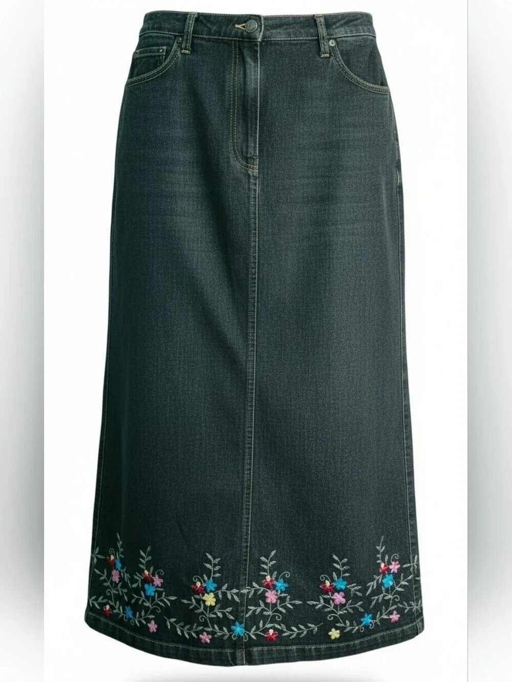 Danny Noble Off The Cuff Dark Wash Denim Midi Skirt Floral Embroidered Size L